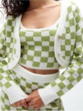 PACSUN LA Hearts Cropped Green Checkered Eyelash Cardigan